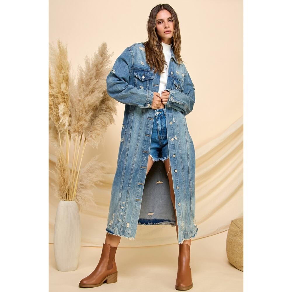 NWT Vervet Distressed Denim Duster Jacket Duster Medium Wash Longline Boho MED